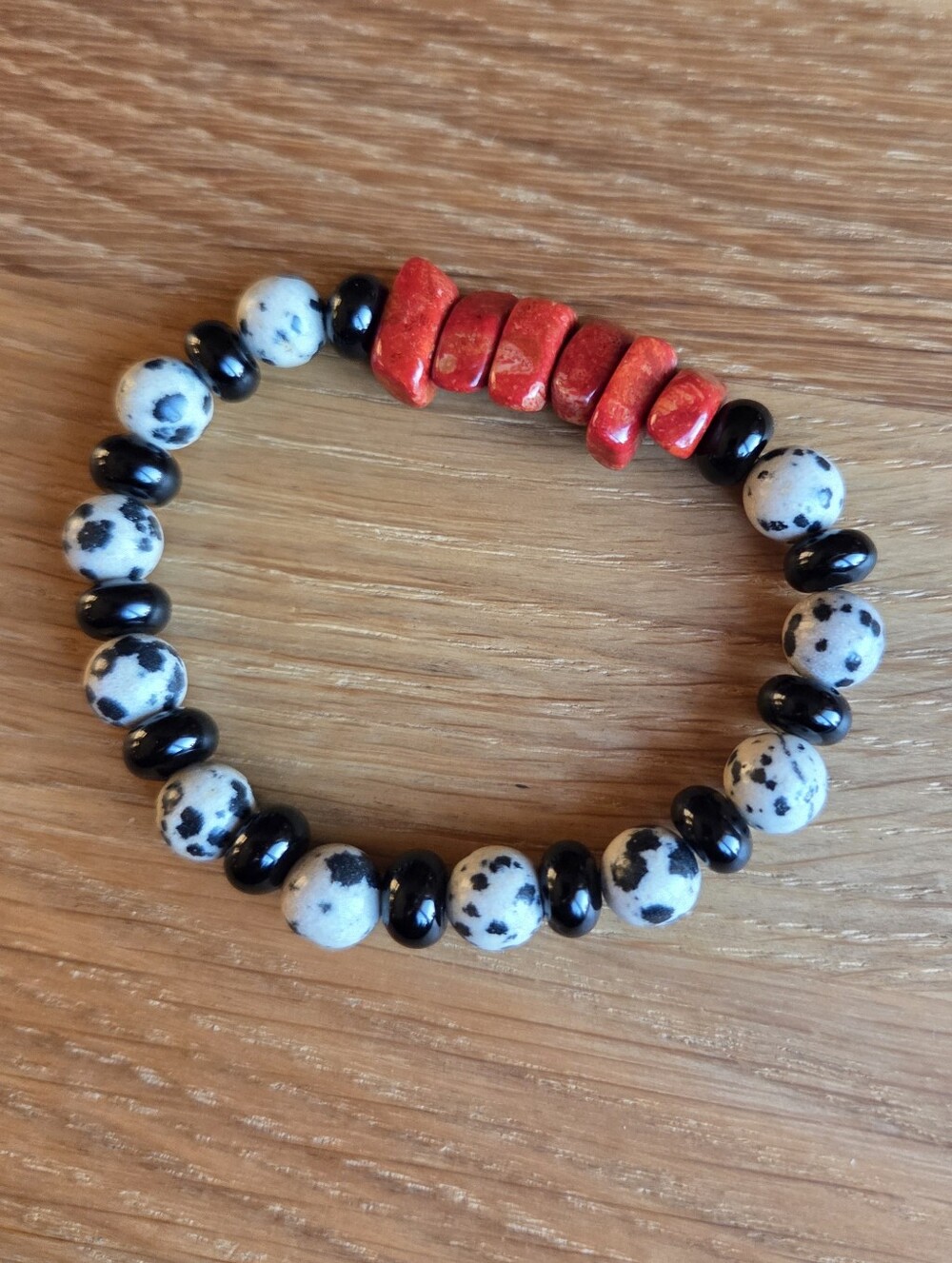 Dalmatian Jasper & Red Sponge Chip Beaded Stretch Bracelet | Handmade